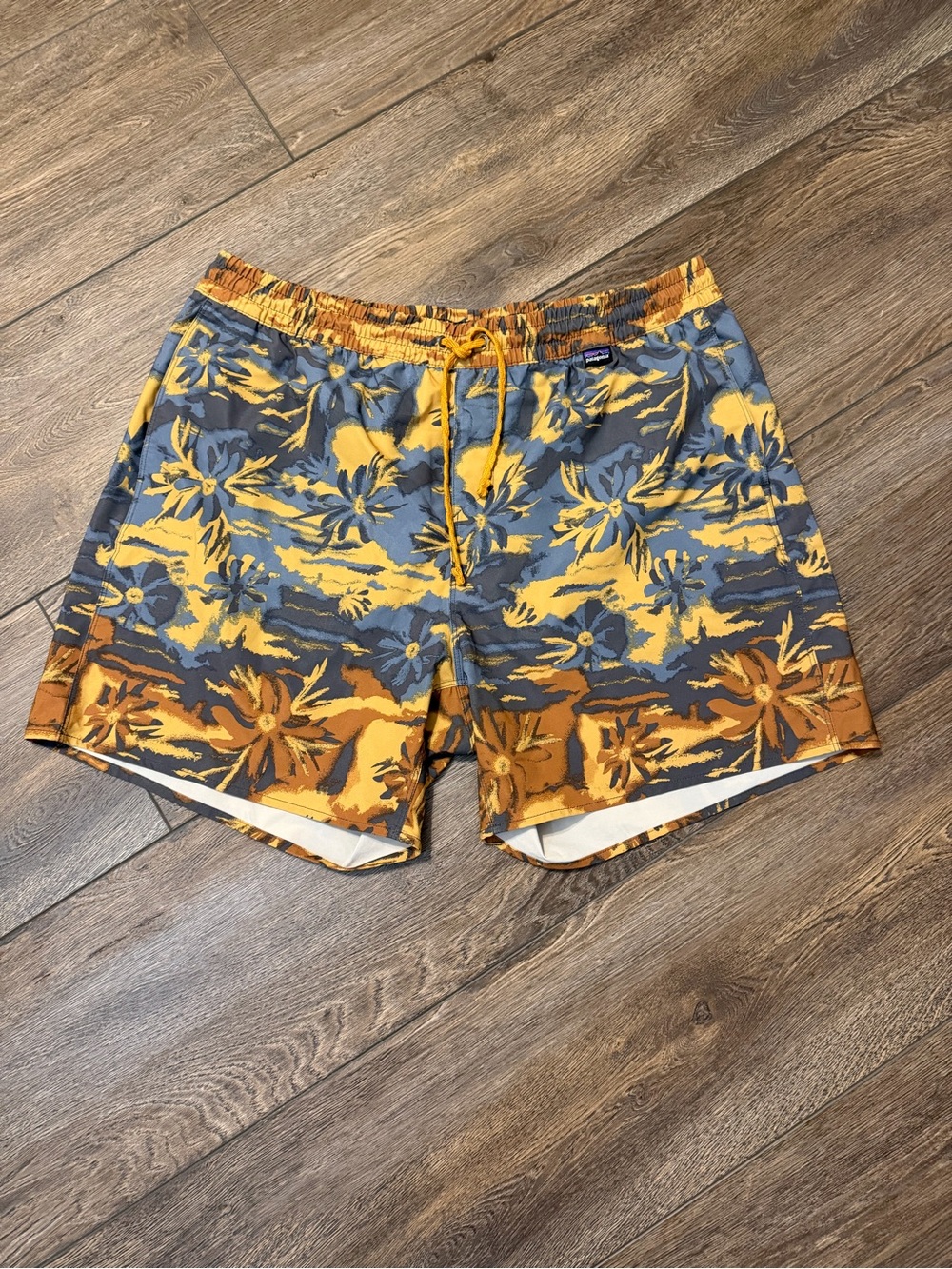 Patagonia Men's Floral Swim Trunks in Blue, Yellow & Brown